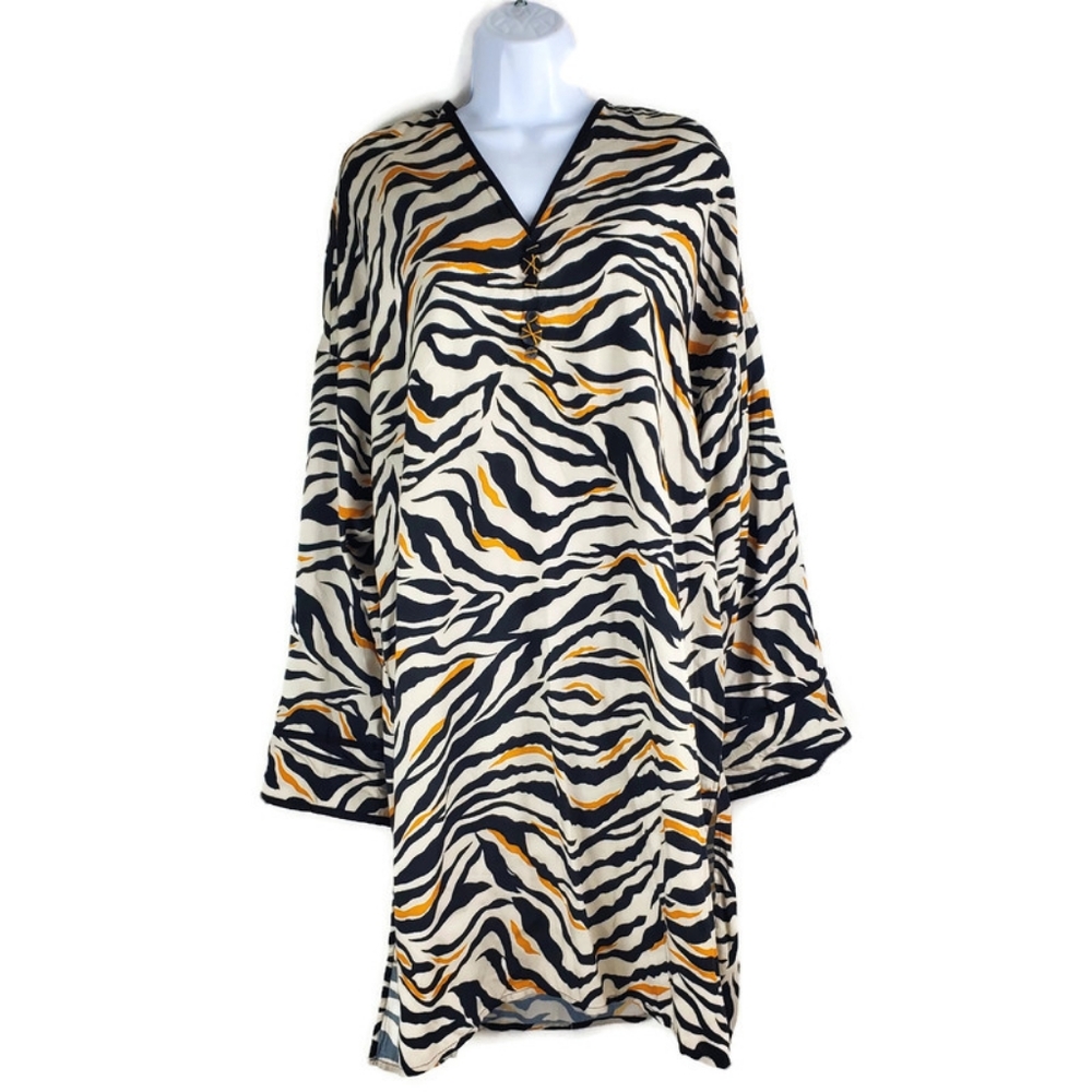 Ethnic PK Black cream yellow zebra print long sleeve shift pullover dress Lrg